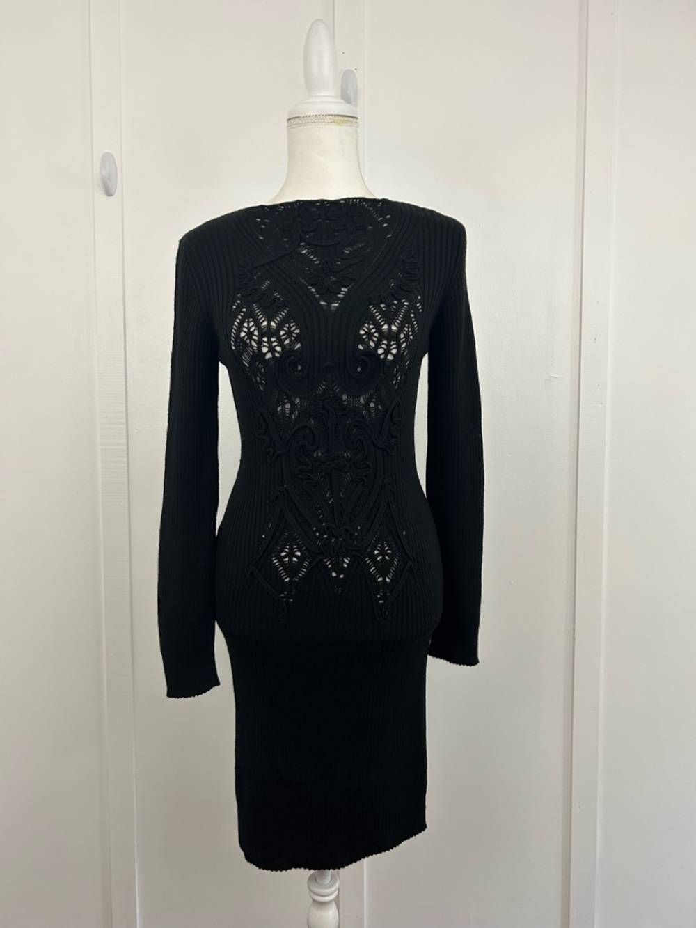Fuzzi womens stretch knit crochet bodycon dress black size L